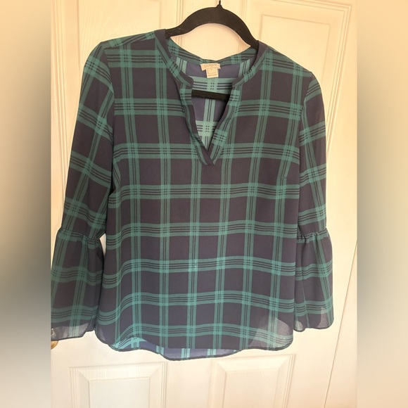 J.Crew Factory Black Watch Plaid Bell Sleeve Top – Size Small Festive Holiday - Picture 2 of 9